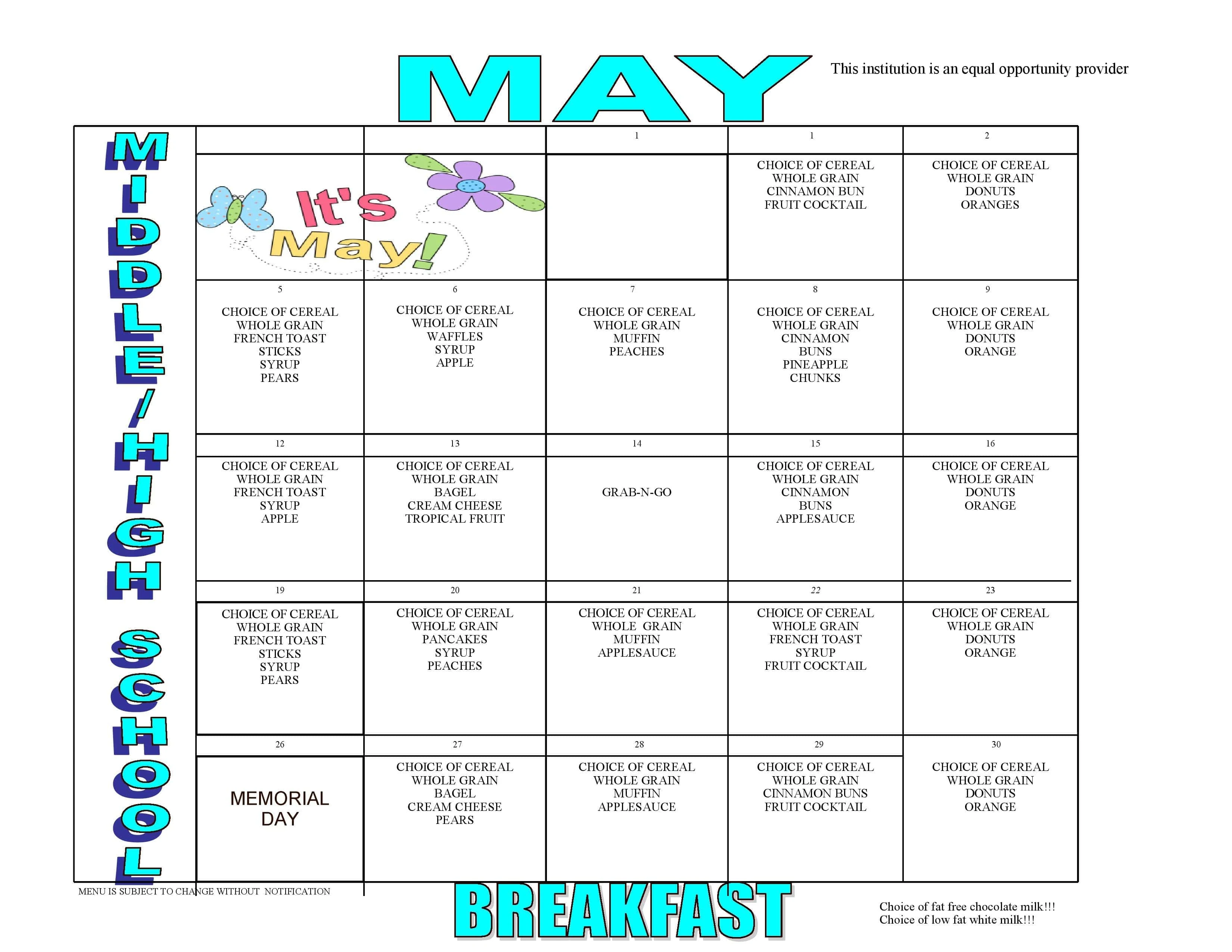 Middle High School Breakfast Menu