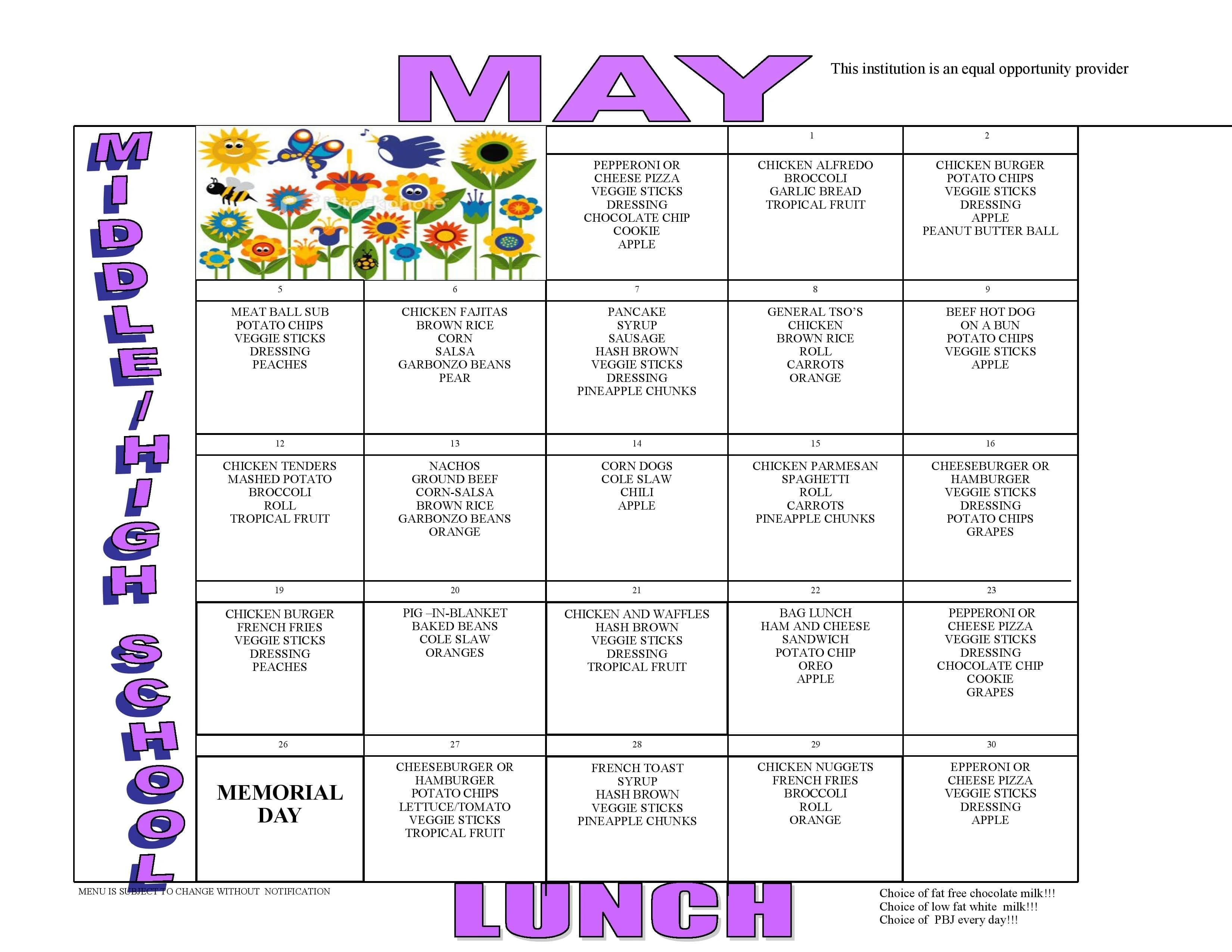Middle High School Lunch Menu